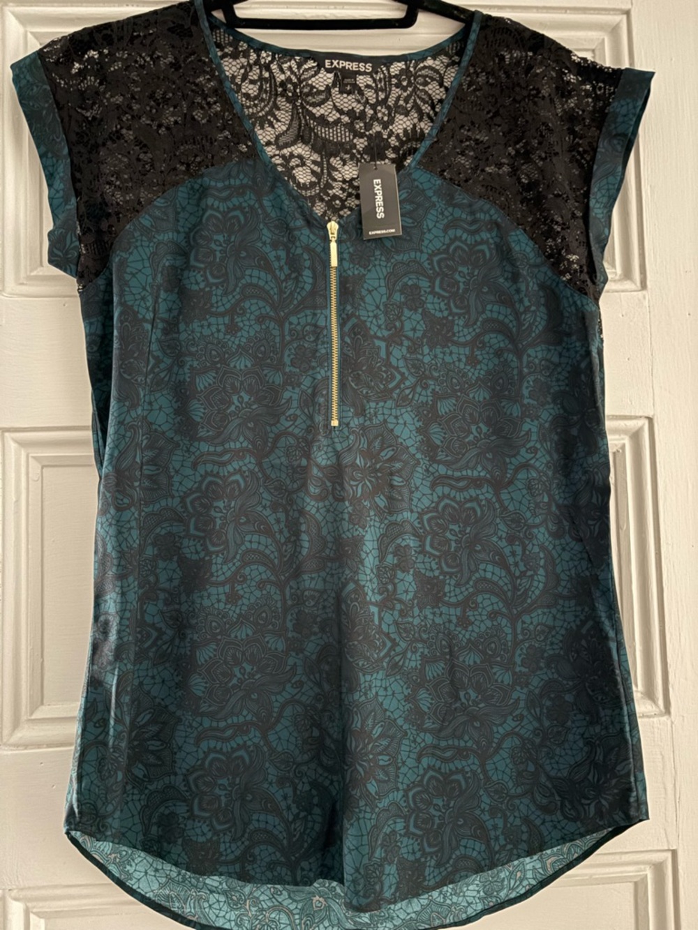 Express Teal Floral Lace Zip Front Blouse
